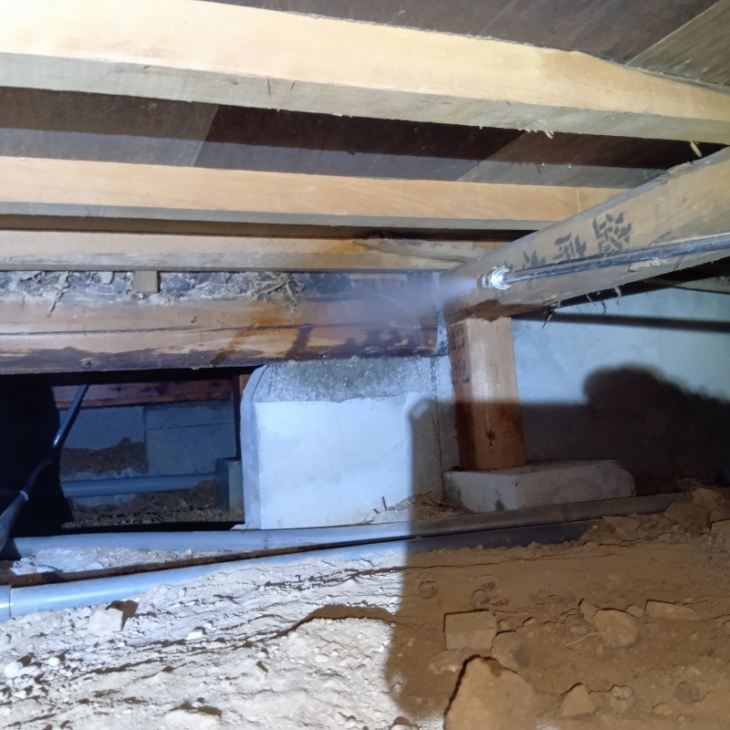 傷んだ木材にシロアリ駆除剤を吹きつけている様子