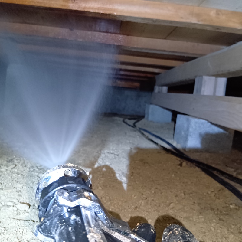 床下上部の木材にシロアリ駆除剤を散布