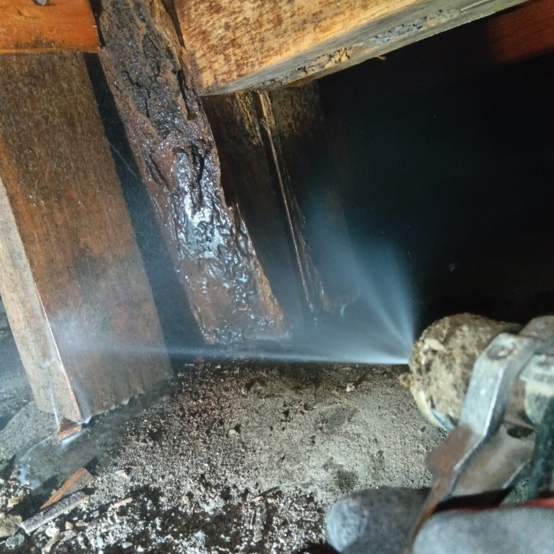 傷んだ木材にシロアリ駆除剤を吹きつけている様子