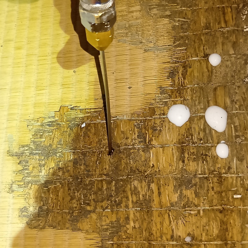 傷んだ畳にシロアリ駆除剤を注入する様子