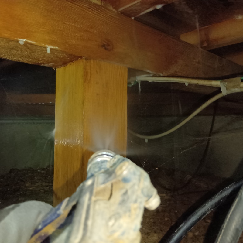 床束にシロアリ駆除剤を散布する様子