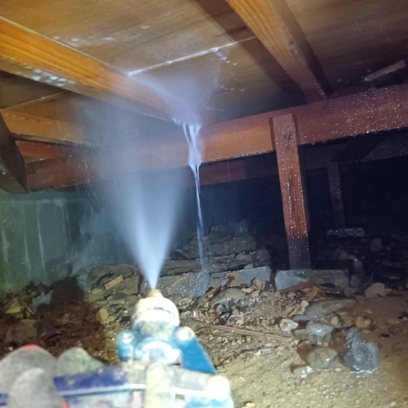 床下上部の木材にシロアリ駆除剤を散布