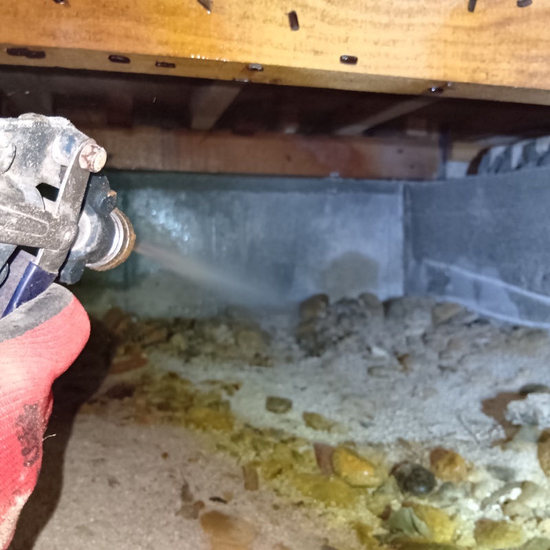 床下の土壌にシロアリ駆除剤を散布する様子