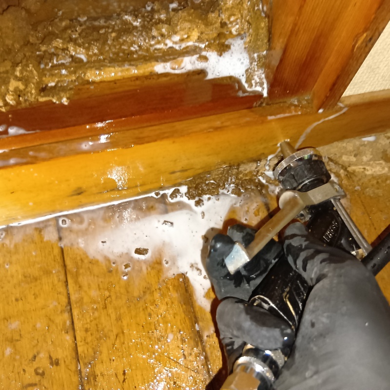 傷んだ木材にシロアリ駆除剤を注入