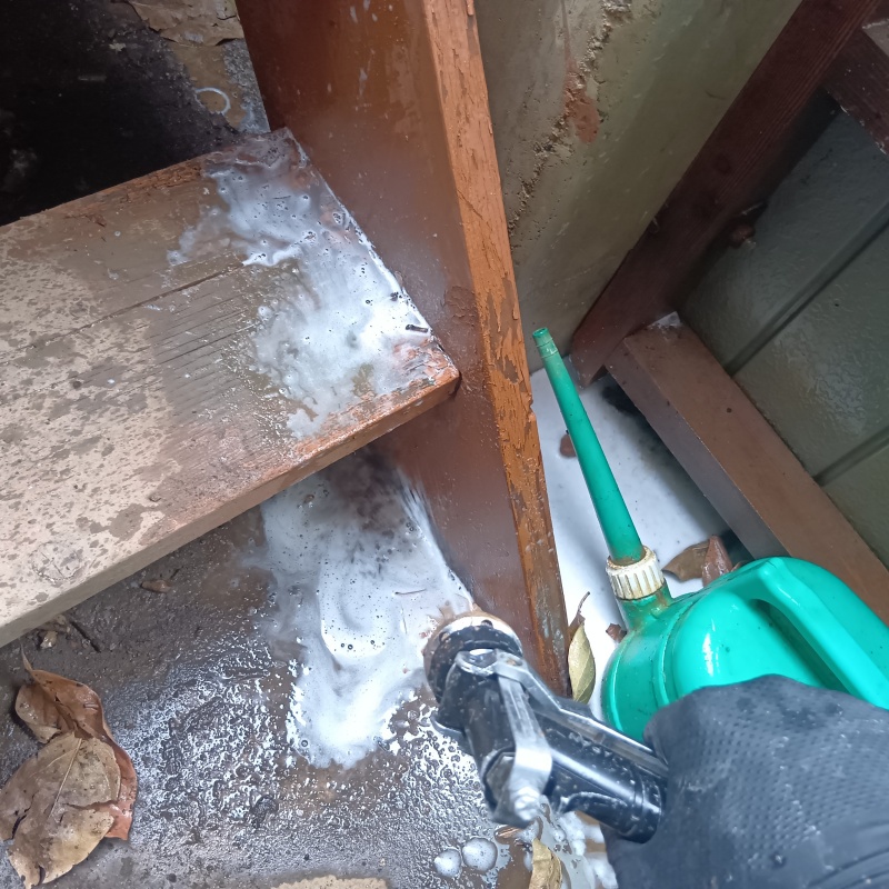 階段の木部にシロアリ駆除剤を散布