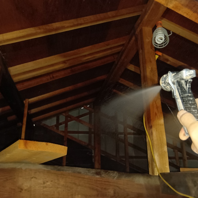 屋根裏の木材にシロアリ駆除剤を散布