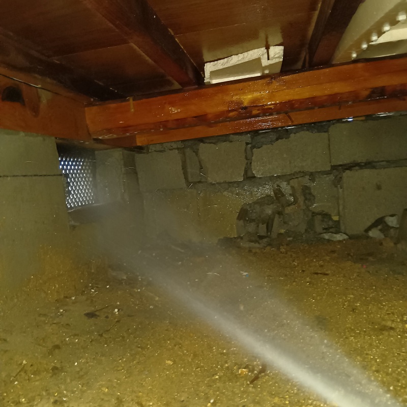 床下換気口まわりにシロアリ駆除剤を散布