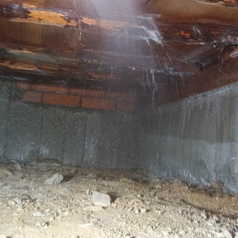 床下木材にシロアリ駆除剤を吹きつけている様子