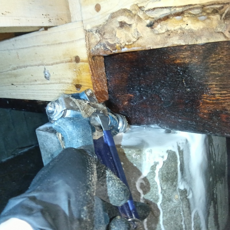 木材と束石が接する部分にシロアリ駆除剤を散布