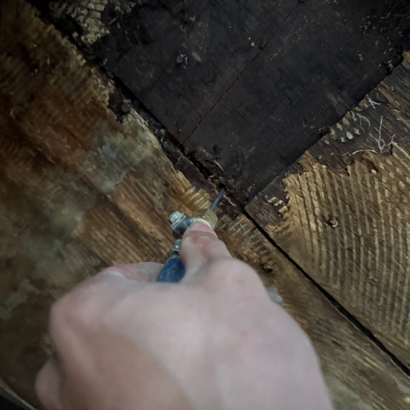 劣化した木材に防蟻剤を注入している様子