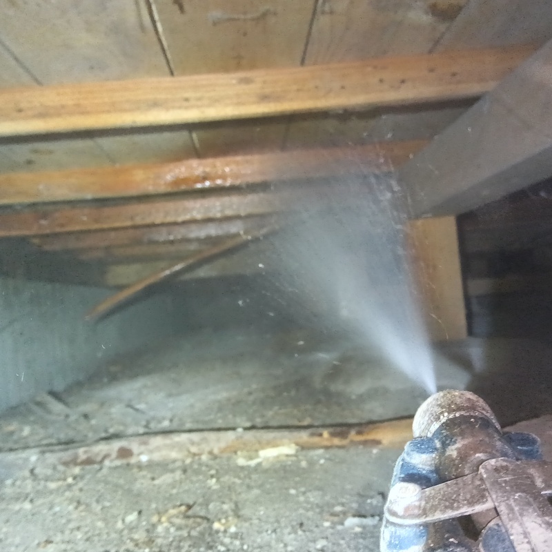 床下木材にシロアリ駆除剤を散布する様子