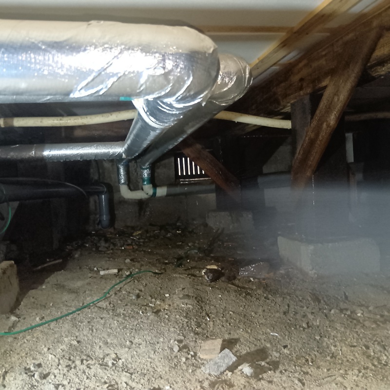 束石まわりに防蟻剤を吹き付けている様子