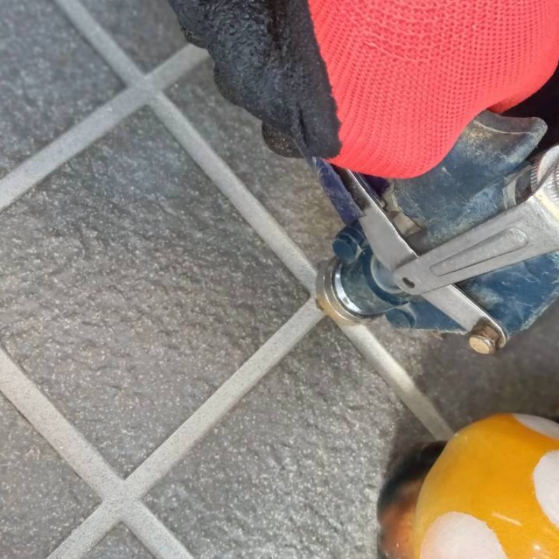 玄関床のタイルの目地からシロアリ駆除剤を注入