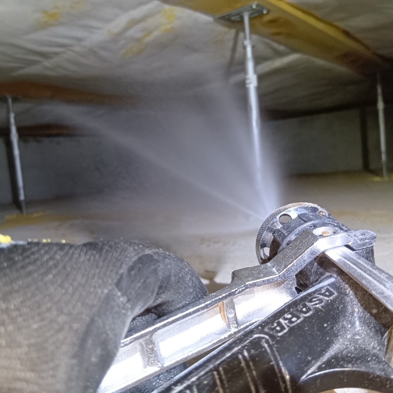 床下木材にシロアリ駆除剤を吹き付ける様子