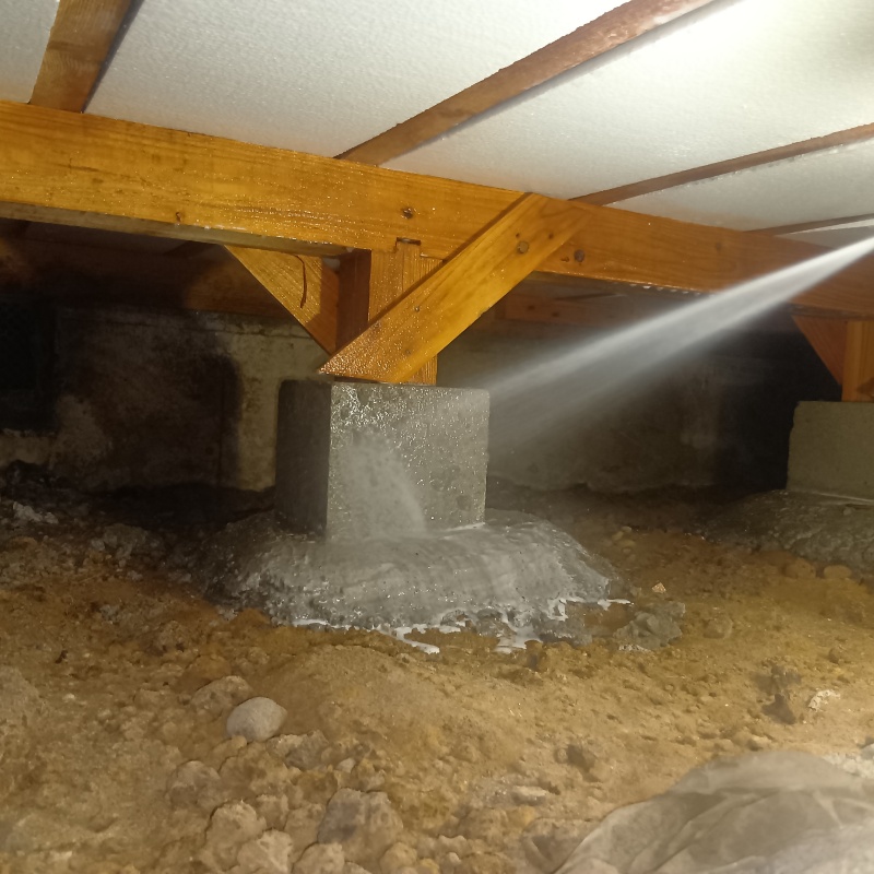 束石にシロアリ駆除剤を吹きつけている様子