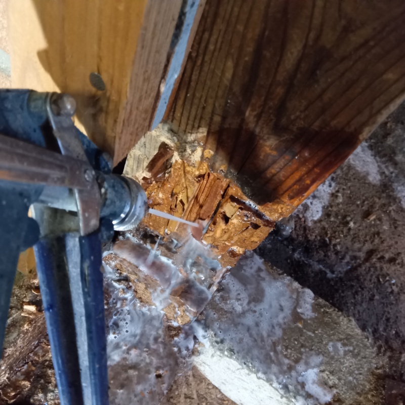 劣化した木材にシロアリ駆除剤を吹きつけている様子