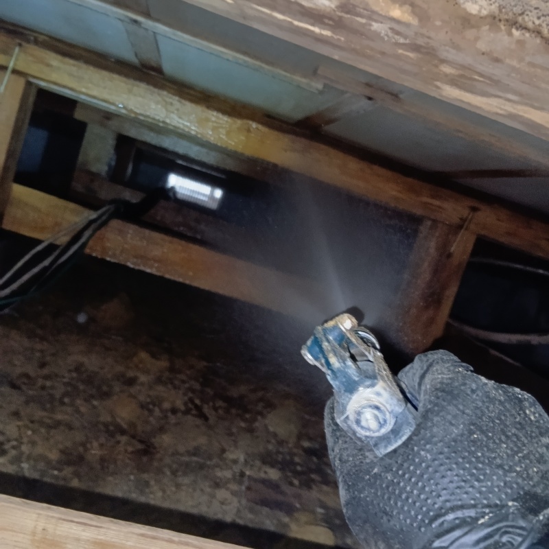 床下木材に防蟻剤を吹き付ける様子