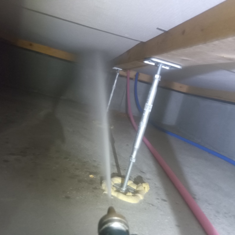 床下断熱材に防蟻剤を吹き付ける様子