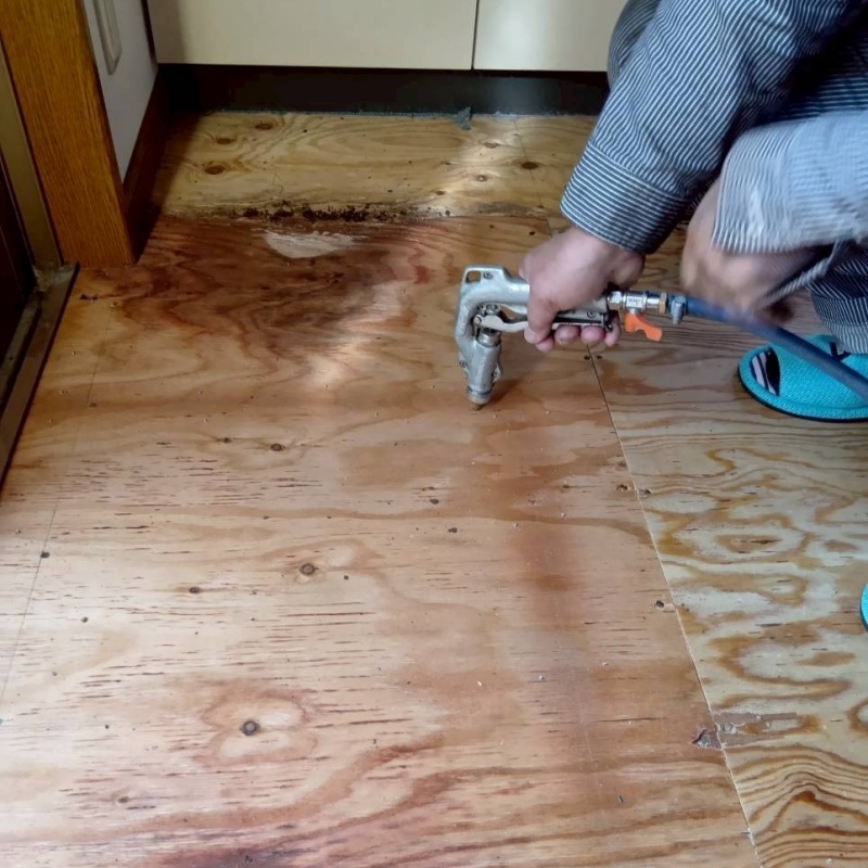 傷んでいる床材にシロアリ駆除剤を注入