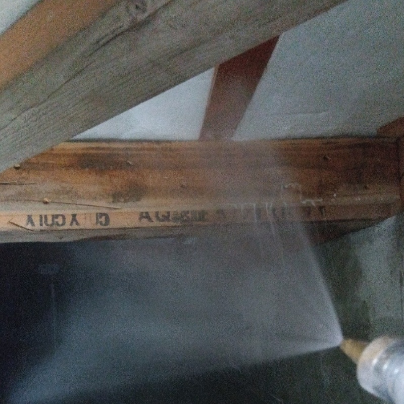 床下木材に防蟻剤を吹き付ける様子