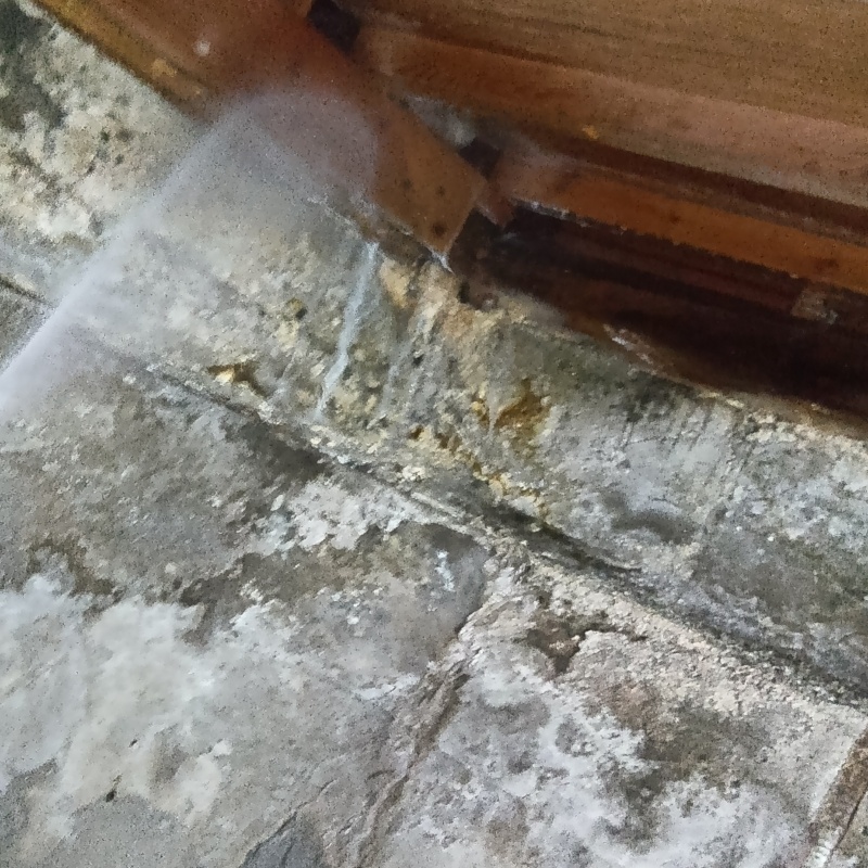床下木材にシロアリ駆除剤を吹きつける様子