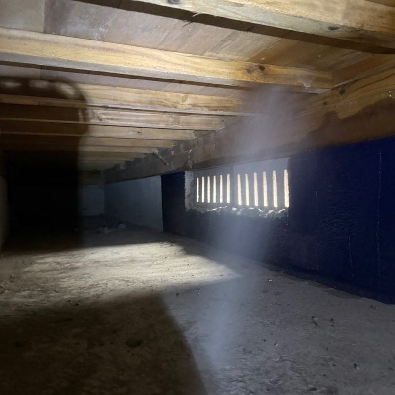 床下木材に防蟻剤を吹き付けている様子