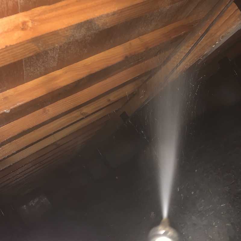 床下木材に防蟻剤を吹き付けている様子