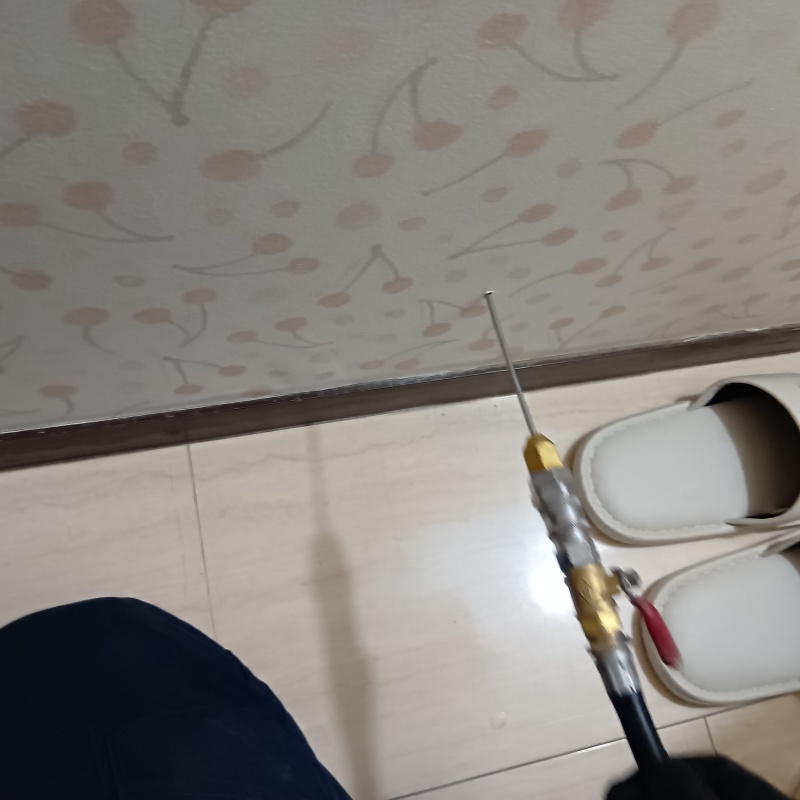 玄関床の目地からシロアリ駆除剤を注入