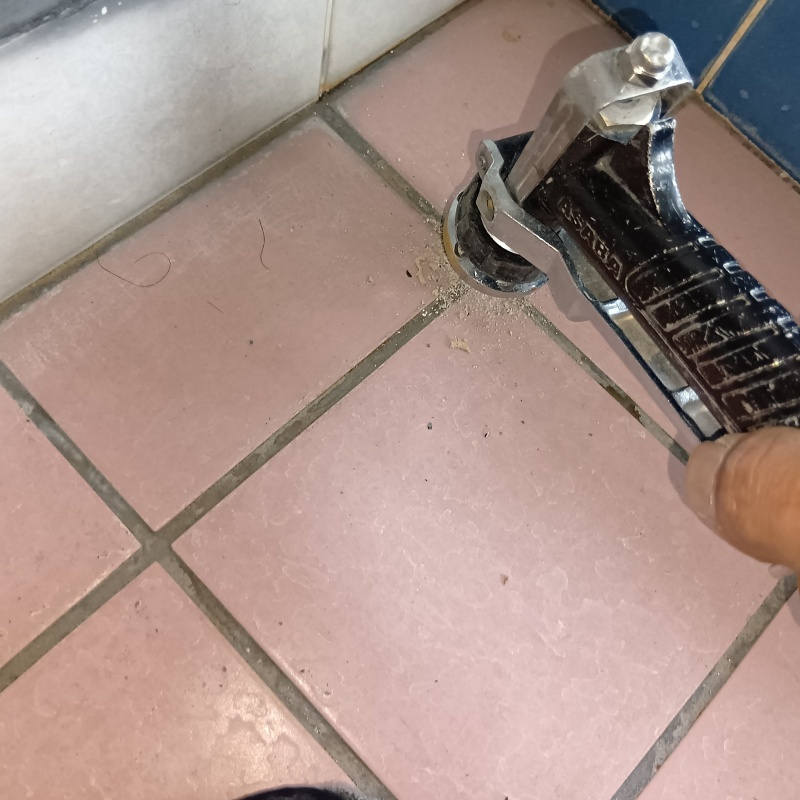 玄関床の目地からシロアリ駆除剤を注入