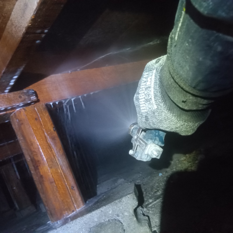 床下木材にシロアリ駆除剤を吹き付ける様子