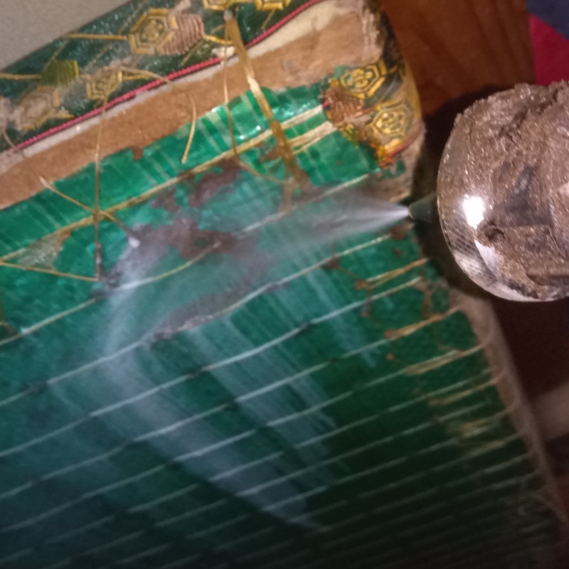 畳の裏にシロアリ駆除剤を散布