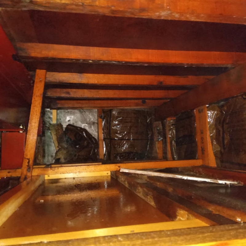 屋根裏の木材にシロアリ駆除剤を散布した様子