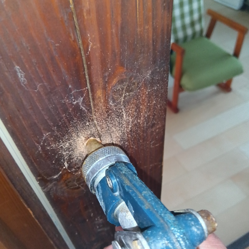 木の柱に穴を開けてシロアリ駆除剤を注入