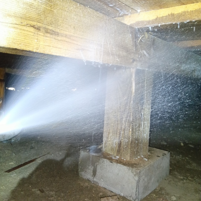 床下木材にシロアリ駆除剤を吹き付ける様子