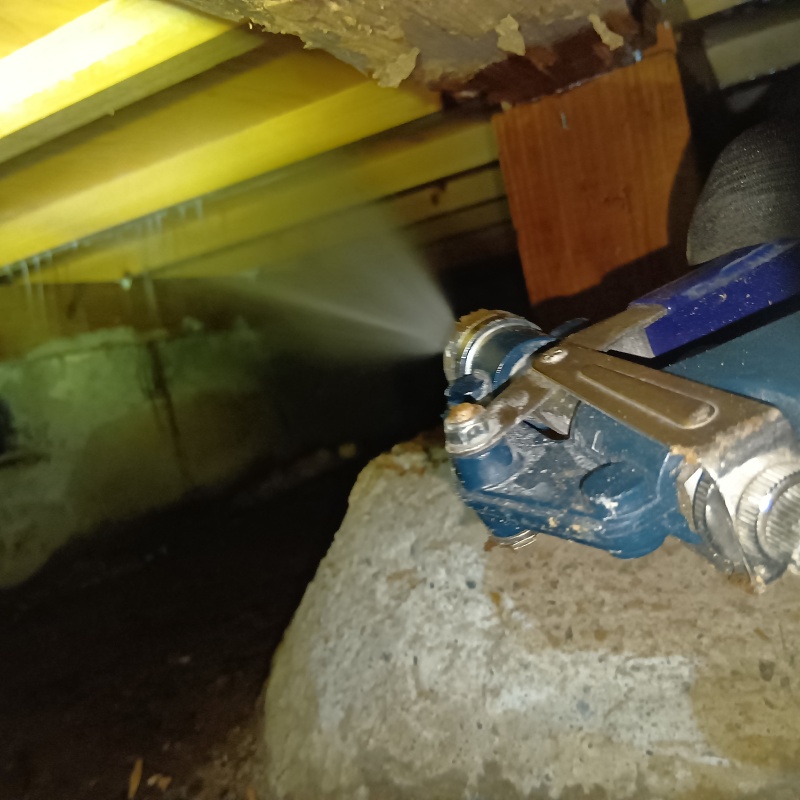 床下木材にシロアリ駆除剤を吹き付けている様子