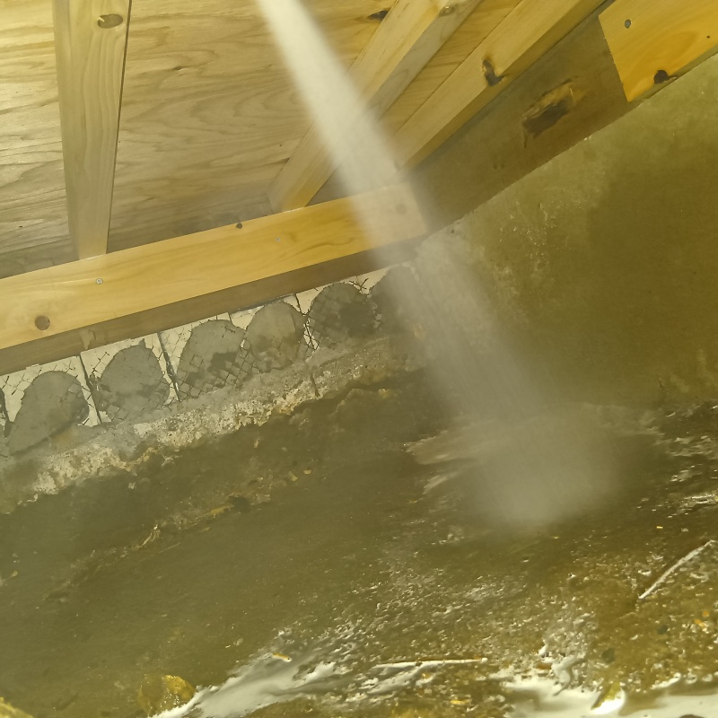 地面にシロアリ駆除剤を吹き付けている様子