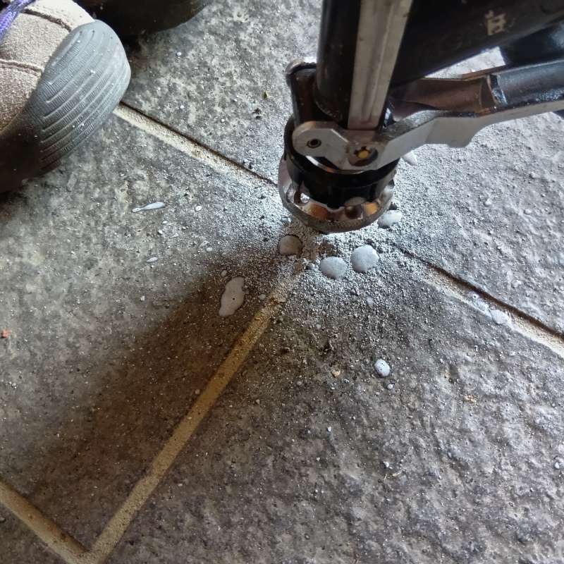 玄関床の目地からシロアリ駆除剤を注入