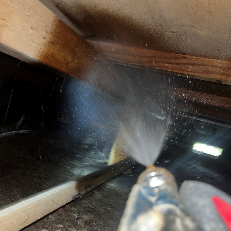 床下木材にシロアリ駆除剤を吹き付ける様子