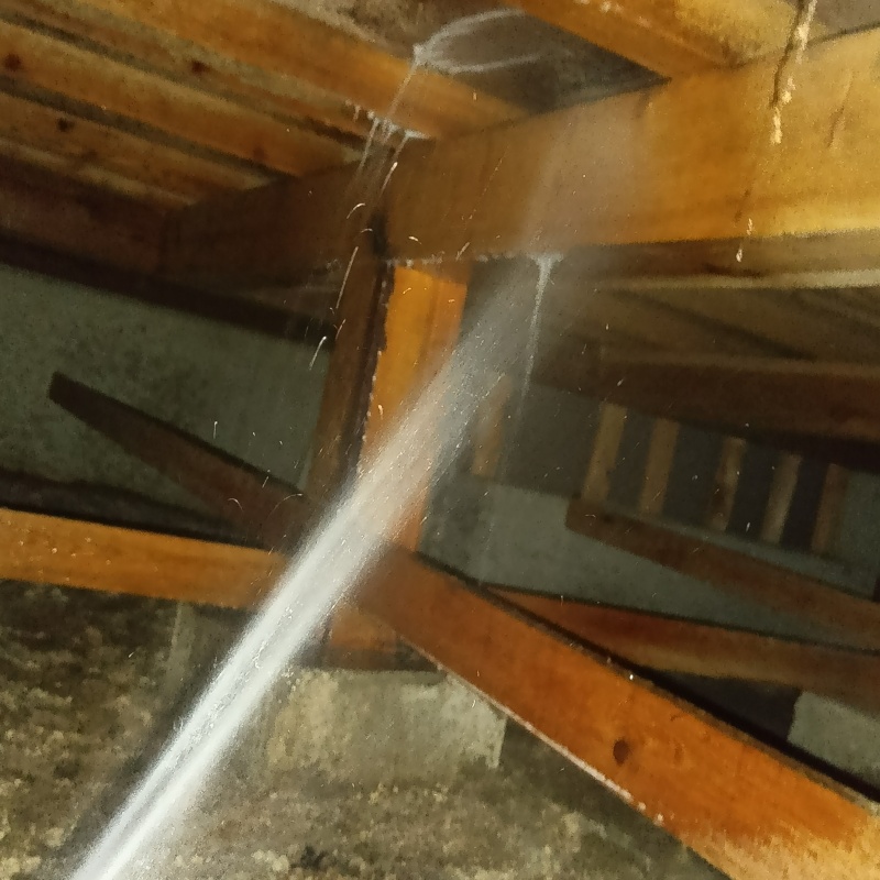 床下の木材にシロアリ駆除剤を散布する様子