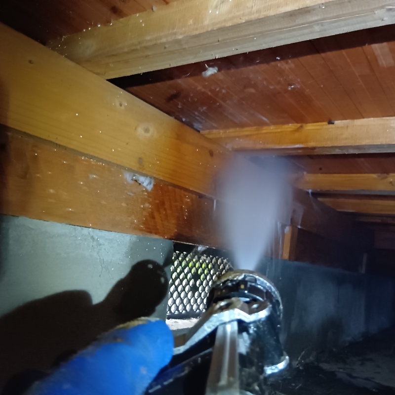 床下の木材にシロアリ駆除を散布した様子