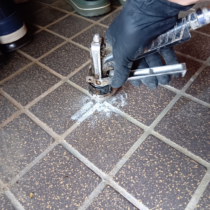 玄関の床にシロアリ駆除剤を注入する様子