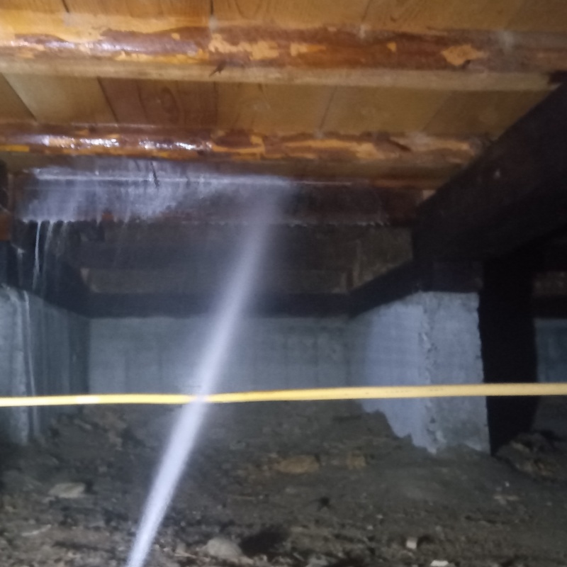 床下の木材にシロアリ駆除剤を散布する様子