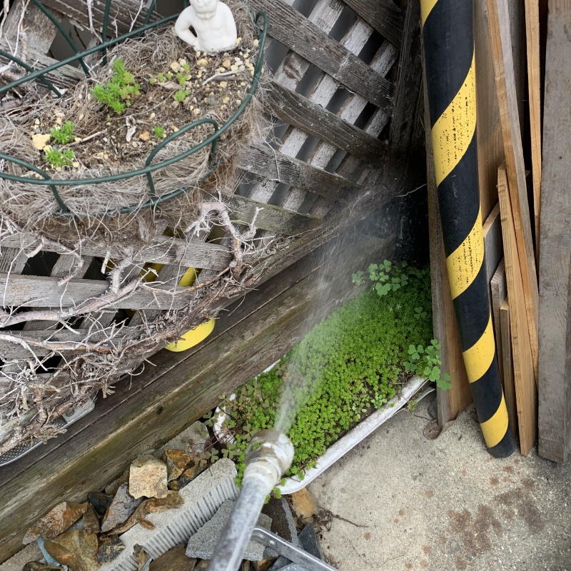 建物まわりの木製の塀にシロアリ駆除剤を散布