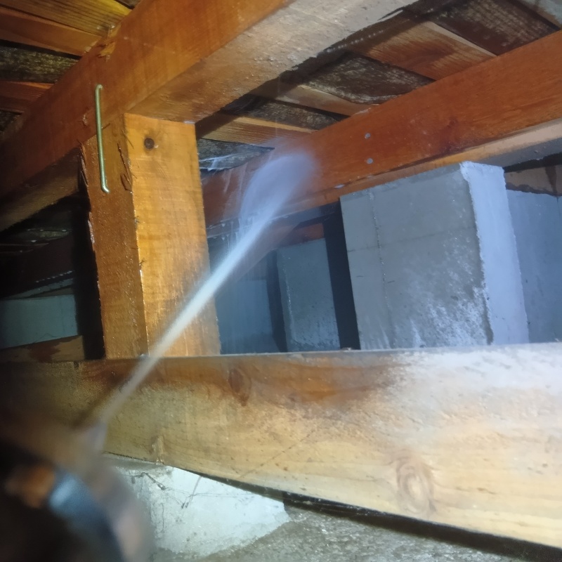 床下の木部にシロアリ駆除剤を散布