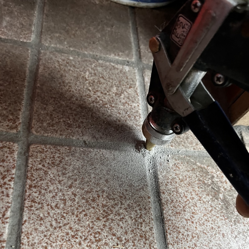 玄関の床タイルにシロアリ駆除剤を注入