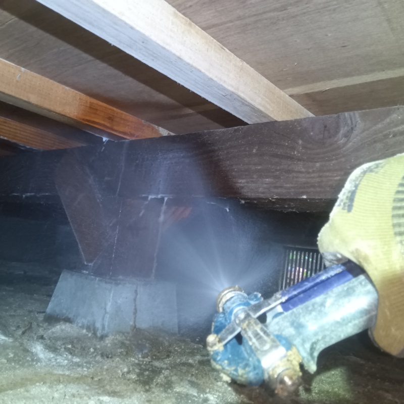 床下の木部にシロアリ駆除剤を散布