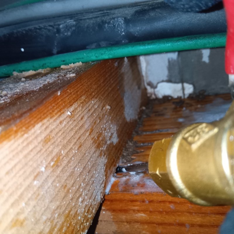 蟻道近くの床下の木材にシロアリ駆除剤を注入する様子