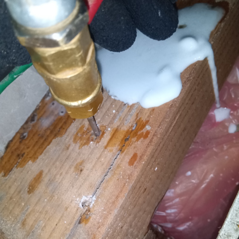 蟻道近くの床下の木材にシロアリ駆除剤を注入する様子