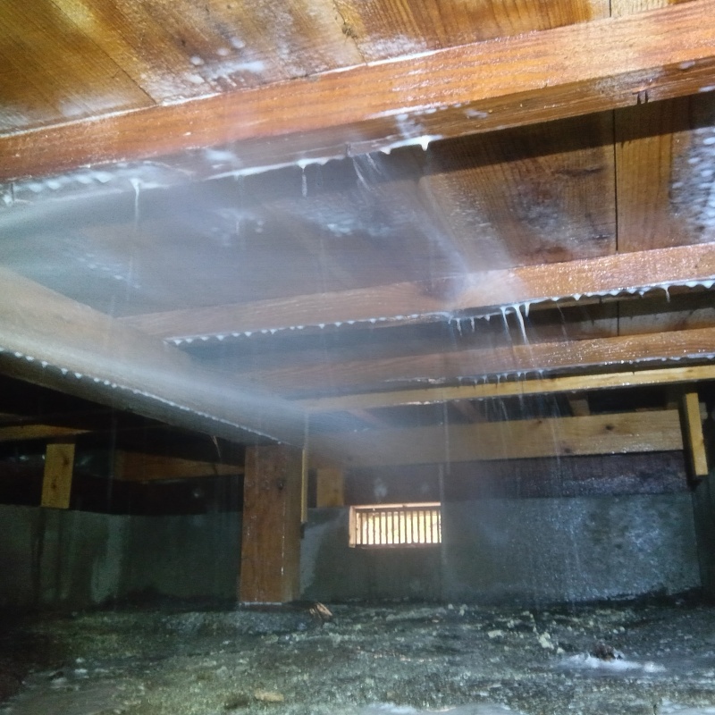 床下の木材にシロアリ駆除剤を散布する様子