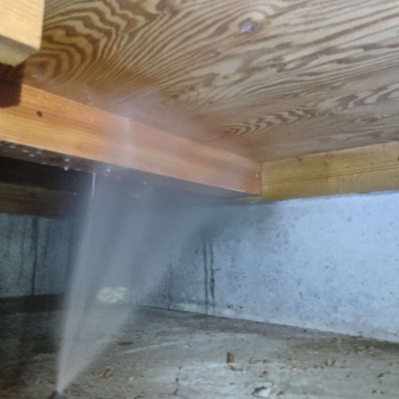 床下の木材にシロアリ駆除剤を散布する様子